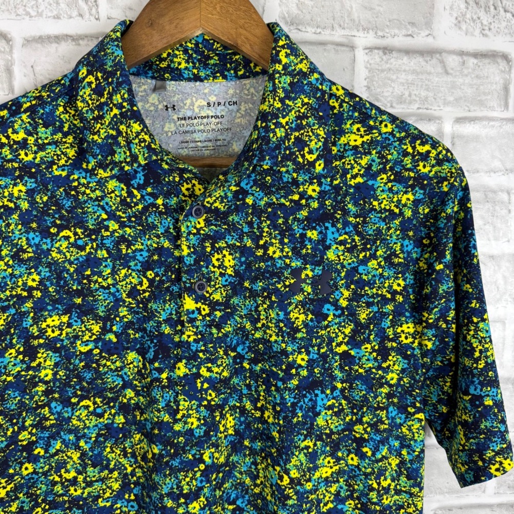 Under Armour Mens Playoff Polo Shirt Small Blue Yellow Pattern Golf Top 1377297